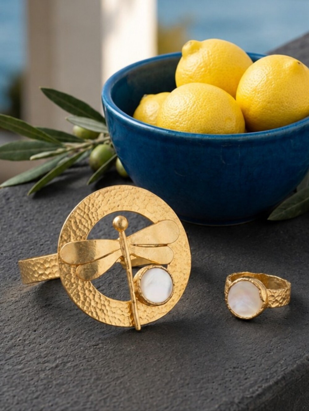 Turkish 18K Gold Plated Brass Dragonfly Cuff and Ring Set Mother of Pearl 1.8"